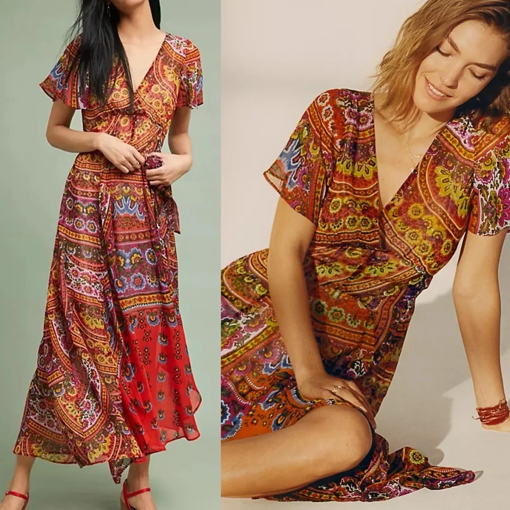 Anthropologie Akemi + Kin Murol Wrapped Maxi Dress Boho Orange Floral Size 2